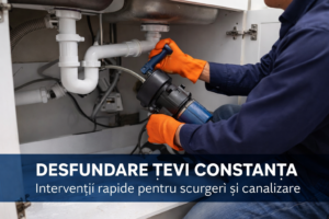 Desfundare țevi Constanța – instalator curăță scurgerea chiuvetei cu echipament profesional