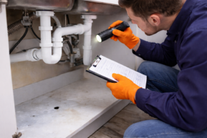 Verificări instalații sanitare Constanța – instalator inspectează conductele de apă sub chiuvetă